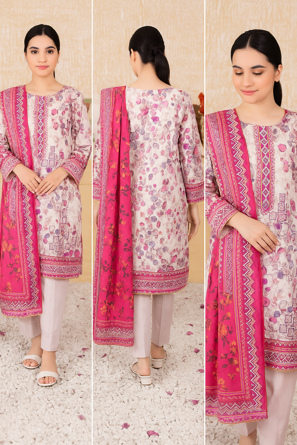 Elegant Pink & White Floral Unstitched 3-Piece Lawn Suit