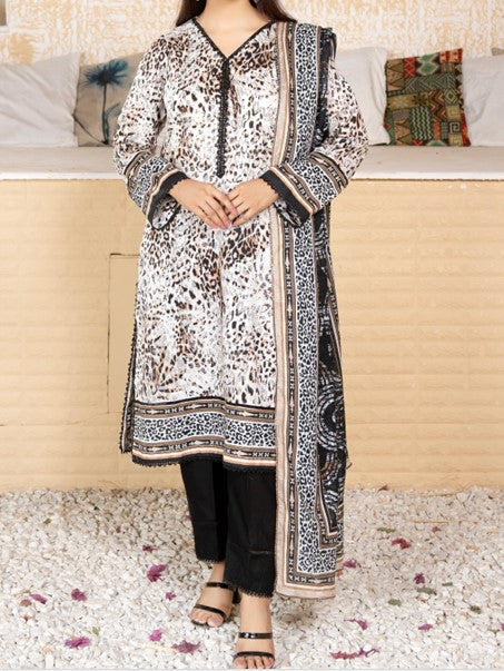 3-Piece Black & Beige Animal Print Lawn Suit