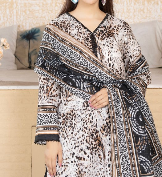 3-Piece Black & Beige Animal Print Lawn Suit