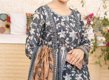 Midnight Blossom | 3-Piece Unstitched Lawn Suit – Rust & Grey
